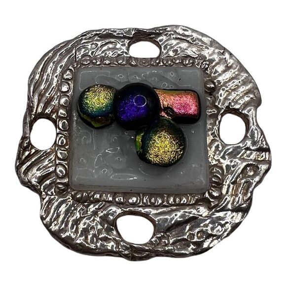 Large Handmade Silver Tone Dichroic Glass Rainbow Pendant Large Heavy Statement - Picture 1 of 3